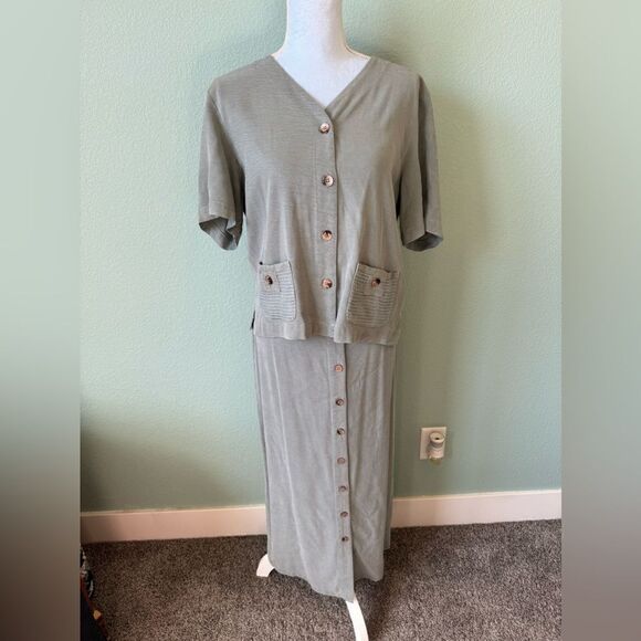 PARIS STAR VINTAGE Blue Skirt Set Jacquard Fabric Button Tencel S/M - Picture 1 of 11